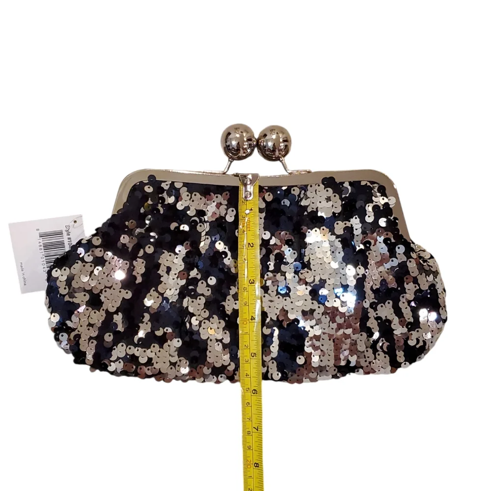 Women's Silver Sequins Kiss Lock‎ Evening Cocktails Clutch Shoulder Bag